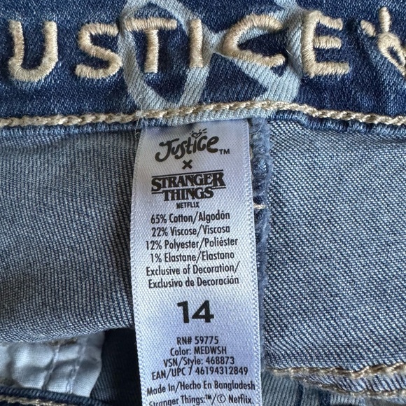 JUSTICE STRANGER THINGS Girls Smiley Face Peace Sign Denim Jeans Size 14 - Picture 3 of 4